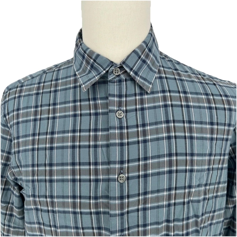 Mens Blue Plaid Cotton Long Sleeve Button Up Collared Dress Shirt L Workwear - Picture 5 of 6